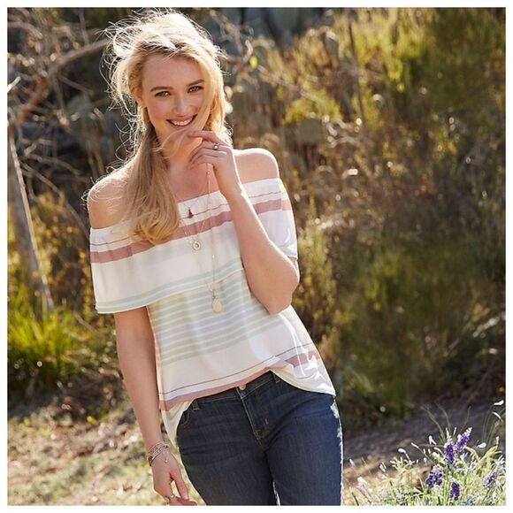 Maurices Striped Pastel Flowy Off Shoulder Blouse 0X - Picture 1 of 9